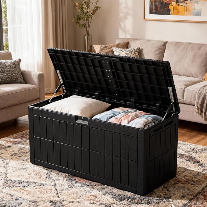100 Gallon Outdoor Storage Box, Black Resin Deck Box, Lockable, Weather-Resistant, 48x24x21 in, for Cushions, Pool Accessories, Garden Tools