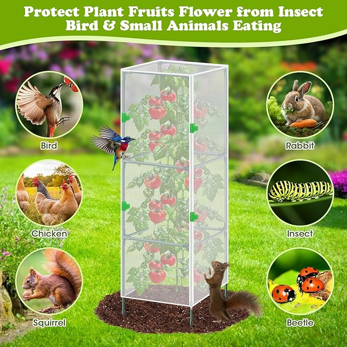 3Pack Garden Bird Netting Plant Cover for Square Tomato Cage,59"x17.7" Insect Bird Barrier Tomato Cage Net with Zipper&12pcs Clips,Tomato Trellis Netting Protection Mesh Cover for Protecting Plants