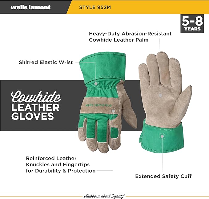 Wells Lamont Kids Gardening Gloves – Durable Puncture & Abrasion-Resistant Cowhide – Leather Palm, Safety Cuff, Snug Fit, Winged Thumb – Youth All-Season Work Gloves for Kids – Ages 5-8, Green (952M)