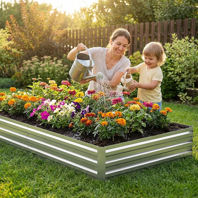 8x4x1FT Galvanized Raised Garden Bed Outdoor Patio, Large Rectangular Metal Planter Boxes,Plant Container Kit for Gardening, Vegetables, Flowers, Herbs,Silver,1 Pack