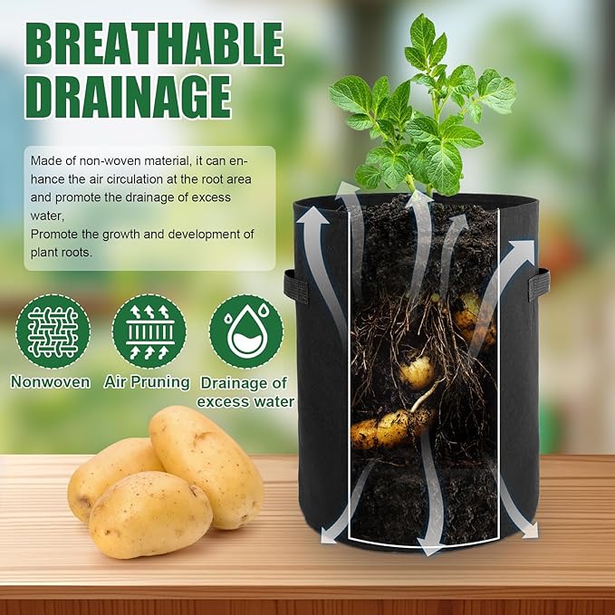 10 Gallon Potato Grow Bags,6 Pack Garden Planting Bag with Durable Handle and Harvest Window,Thick Nonwoven Fabric Planter Pot for Potato Tomatoes Carrots Vegetables and Fruits, Black