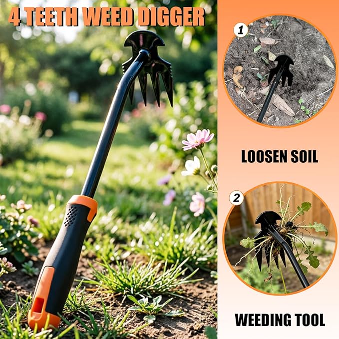 5 Pack Hand Weeder Tool, Stainless Steel Manual Weed Puller Tool Set for Weed Removal, V-Shaped Digger, Crack Weeder Tool, 4 Teeth Garden Hand Tools, Gardening Tools for Lawn, Patio, Sidewalk Cleanup