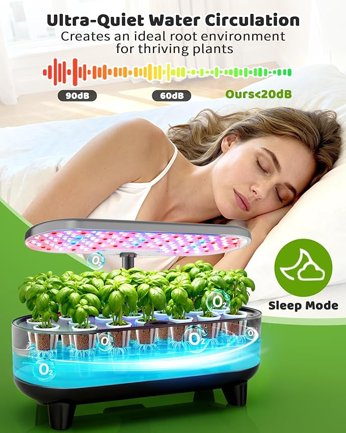 Hydroponics Growing System Kit, 16 Pods, Vertical 8L Indoor Gardening System for Herb Vegetable Fruit, with LED Grow Light, Smart Water Circulation, 3 Light Modes & 2 Timer, Gray