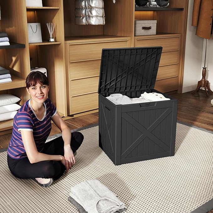 Outdoor Deck Box, 37 Gallon Resin Material, Outdoor Storage Box, Durable Waterproof UV-Resistant, Easy to Clean & Assemble, Portable Safe, Deck Storage Box for Indoor & Outdoor Use（Black）