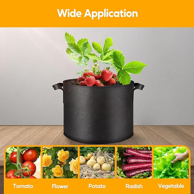 Simple Deluxe Grow Bags 7 Gallon 5 Pack Planter Pots with Handles, Thickened Nonwoven Fabric Aeration Cloth Bag, Heavy Duty Gardening for Tomoato, Potato, Vegetable, Herbs and Flowers, Black