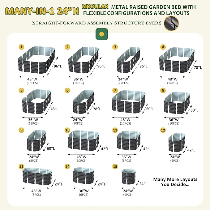 BlueWish 8x4x2FT Raised Garden Bed with 3 Aluminum Support Rods, Many-in-1 Modular Planter Box with Bottomless Design, 24’’H Galvanized Raised Garden Bed for Vegetable, Flower, Fruit, Grey
