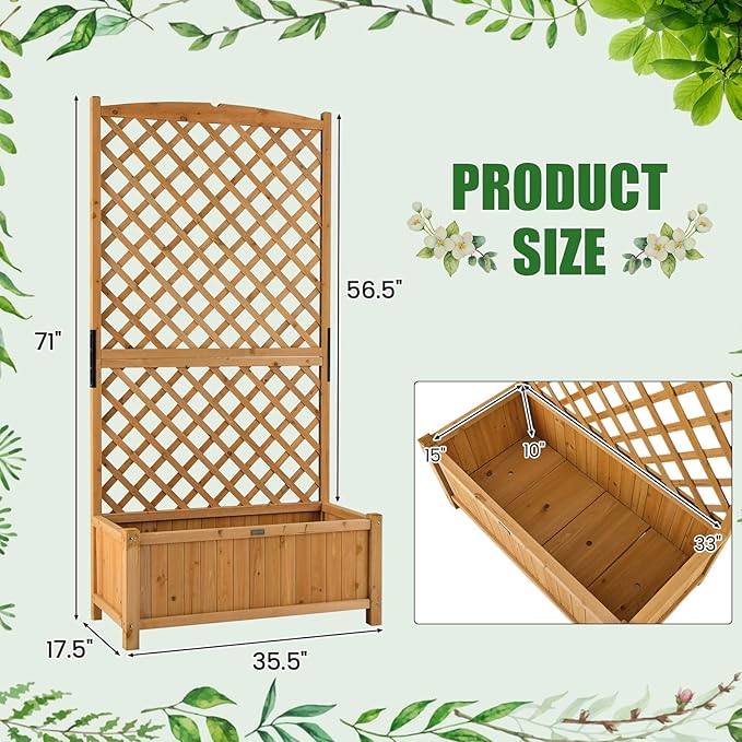 HAPPYGRILL Raised Garden Bed with Trellis, 71" Planter Raised Bed with Drainage Holes, Freestanding Garden Planter for Vine Climbing Plants, Wooden Planter Box for Yard Balcony(1, Yellow)
