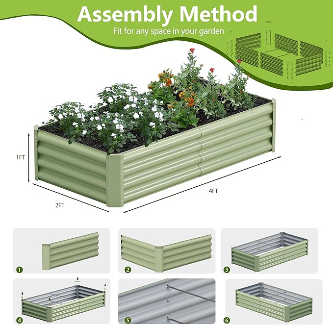 2PCS 4x2x1FT Galvanized Raised Garden Bed Kit, Galvanized Planter Raised Garden Boxes Outdoor, Large Metal Raised Garden Beds for Vegetables-Green