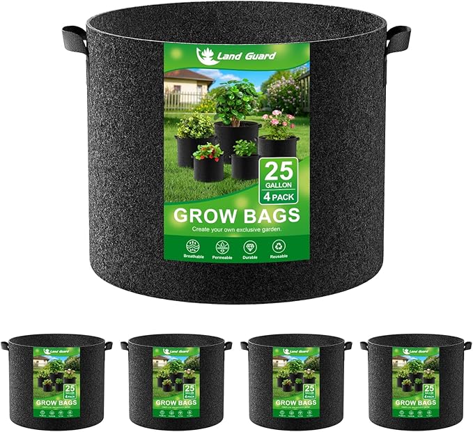 Land Guard 4-Pack Fabric Grow Bags 25 Gallon, Thickened Nonwoven Garden Pots, Growing Bags with Handles, Black