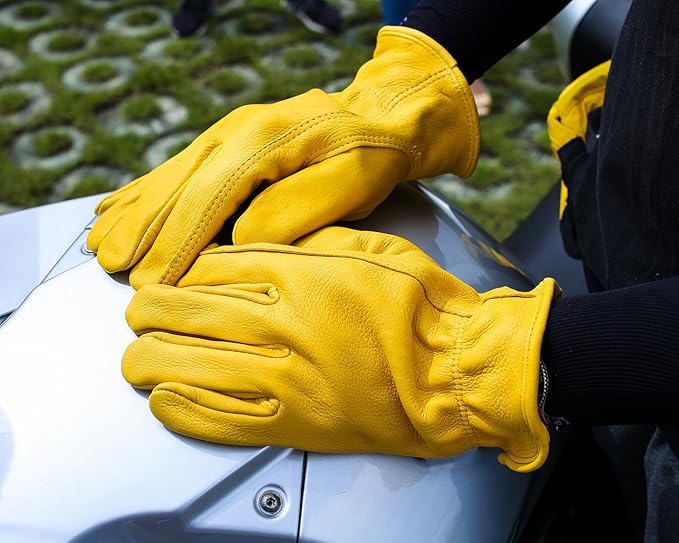 OZERO Leather Work Gloves: Mens Deerskin Gloves Soft Breathable Abrasion Resistant Gardening Firewood Glove - for Driving Riding Yardwork Ranch Farm Hunting Garage DIY for Men & Women (Gold,S)