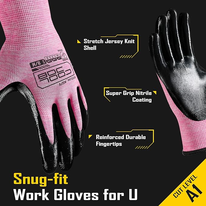COOLJOB 20 Pairs Nitrile Dipped Rubber Coated Safety Work Gloves with Grip, Non-slip Bulk Gardening Roofing Gloves for Ladies Women, Oil-resistant Gear for Package Handler, Warehouse Worker, Small