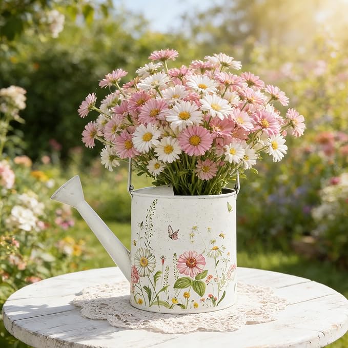 Vintage White Metal Watering Can Decorative Garden Watering Pot with Floral & Butterfly Prints Rustic Shabby Chic Design for Indoor Plants, Outdoor Gardening, Home Decor