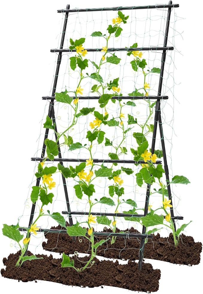 FOLLOOK Garden Trellis for Climbing Plants, 6ft Cucumber Trellis for Raised Bed, Pea Grape Vine Tomato Trellis Cattle Panel A Frame Vegetable Plant Support Outdoor for Backyard, Black