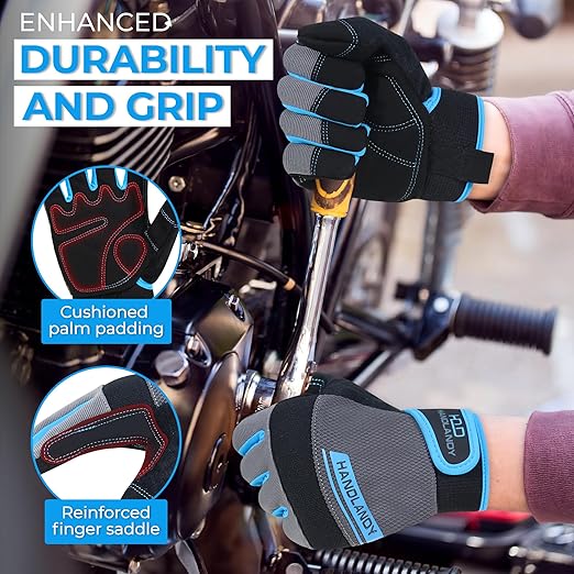 HANDLANDY Work Gloves Mens & Women, Utility Safety Mechanic Working Gloves Touch Screen, Flexible Breathable Yard Work Gloves (XX-Large, 3 pairs Grey)