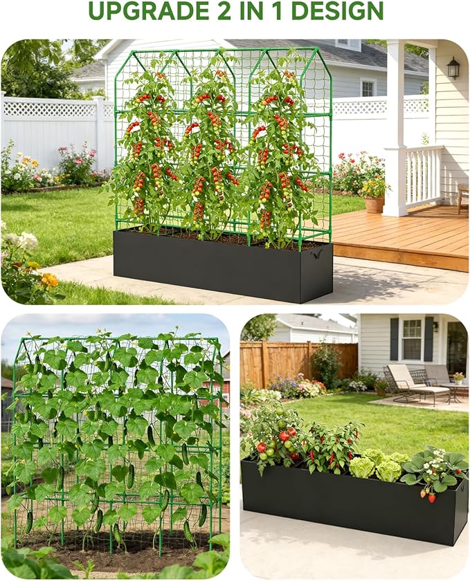 Cucumber Trellis with Grow Bag for Raised Bed, A-Shape Garden Trellis for Climbing Plants Outdoor, Metal Plant Trellis with Garden Netting for Flower Vegetables, Pea, Grape (67 * 17 * 65inch(L*W*H)