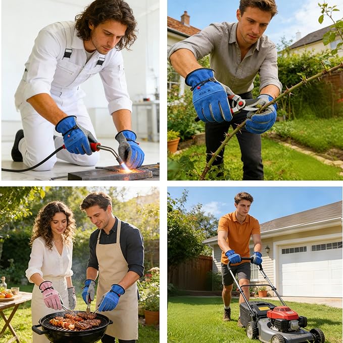 Leather Work Gloves for Men or Women. Small Glove for Gardening, Tig/Mig Welding, Construction, Chainsaw, Farm, Ranch, etc. Cowhide, Cotton Lined, Utility, Firm Grip, Durable. Blue-Grey S