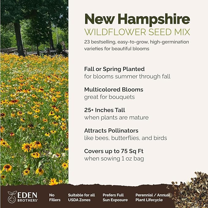 Eden Brothers New Hampshire Wildflower Mixed Seeds for Planting, 1 oz, 30,000+ Seeds with Cosmos, Lupine | Attracts Pollinators, Plant in Spring or Fall, Zones
