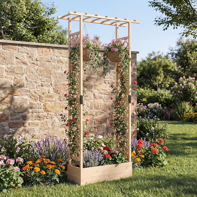 HAPPYGRILL 89" Raised Garden Bed with Trellis & Hanging Roof, Wooden Planter Box with 4 Drainage Holes, Outdoor Wood Elevated Garden Bed for Climbing Plants Vines Vegetables Flowers (Natural,2)