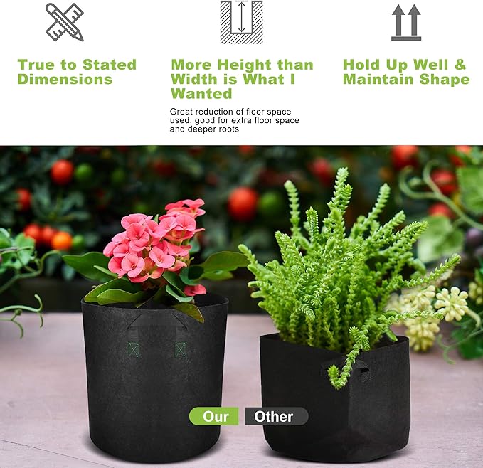 GreenTiger Tall Grow Bags, 8-Pack 7 Gallon Grow Pots with Handles, Improved 300G Thickened Aeration Fabric Deep Plant Growing Bags, Designed for Indoor/Outdoor Vegetables and Flowers, Classic Black