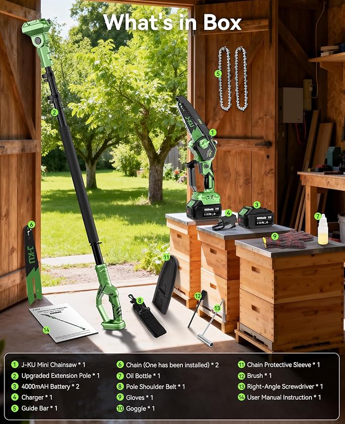 Electric Pole Saws for Tree Trimming: 6 Inch Mini Chainsaw Cordless with Extension Pole, 2x4000mAh Batteries, 21V Brushless Pole Saw Battery Powered Tree Trimmer 16 Ft reach Limb Branch Cutter Pruner