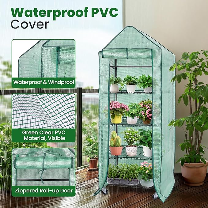 4-Tier Indoor Mini Greenhouse with Grow Lights, 32W Full Spectrum Plant Light with Timer, Adjustable Metal Shelves, 69.6"x22"x18.5" Portable Plant Stand for Seed Starting & Indoor Plants