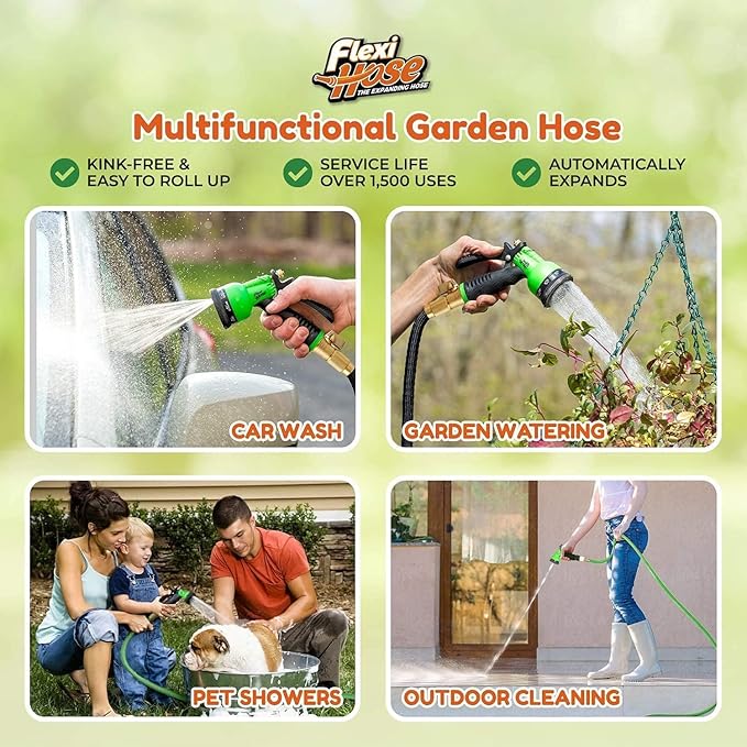 Flexi Hose with 8 Function Nozzle, 25FT - Lightweight Expandable Garden Hose, No-Kink Flexibility, 3/4 Inch Solid Brass Fittings and Double Latex Core - Green