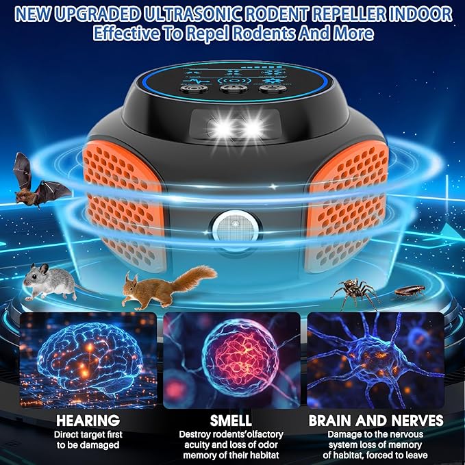 Mouse Repellent Ultrasonic, Plug in Mouse Deterrent Ultrasonic Pest Repeller, 360° Mice Repellent Indoor with Ultrasound Speaker & LED Strobe Light, Rat Roach Spider Repeller for House Attic Garage