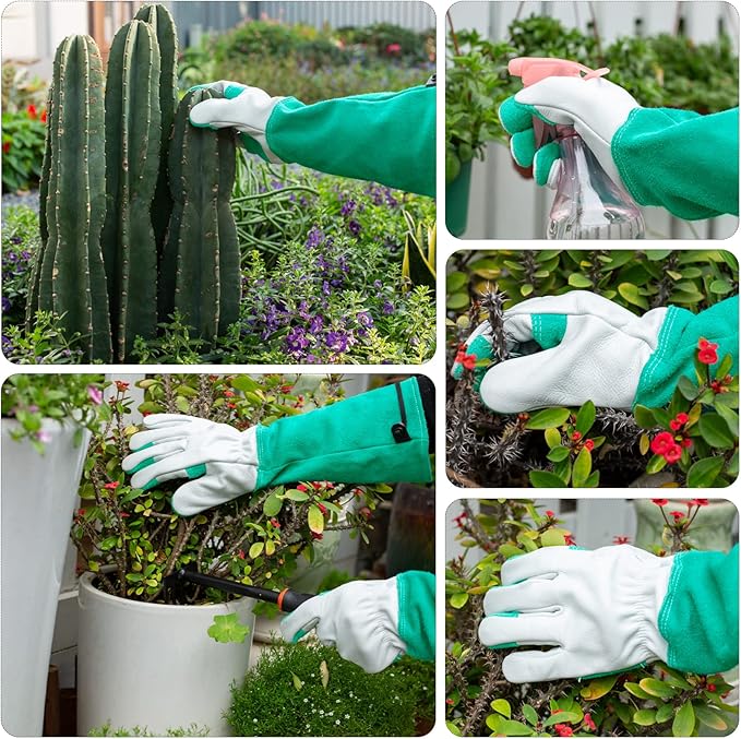 Gardening Gloves, Rose Pruning Gloves Thorn Proof, Long Cowleather Gauntlet Yard Work Gloves with Adjustable Cuffs