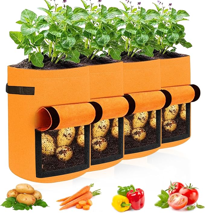 JJGoo 4 Pack Potato Grow Bags 10 Gallon with Flap, Heavy Duty Fabric with Handle and Harvest Window, Non-Woven Planter Pot Plant Garden Bags to Grow Vegetables Tomato, Orange