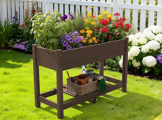 SERWALL Raised Garden Bed with Legs, 43"×17"×30" Large HDPE Elevated Planter Box for Vegetables Flower Herb Patio, All Weather Use- Brown