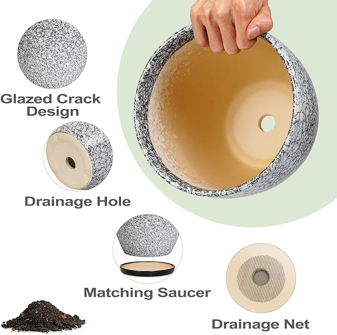 Ceramic Pots for Plants - 10+8+6 Inch Round Flower Pots with Drainage Holes and Saucers, Decorative Planters for Indoor Outdoor, Porch Decor, Housewarming Gifts, Set of 3, White-Black