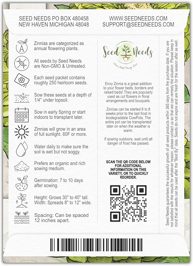 Seed Needs Lime Green Envy Zinnia Seeds for Planting - Heirloom & Open Pollinated Annual Cut Flowers - Grow a Butterfly Garden to Attract Pollinators (1 Pack)