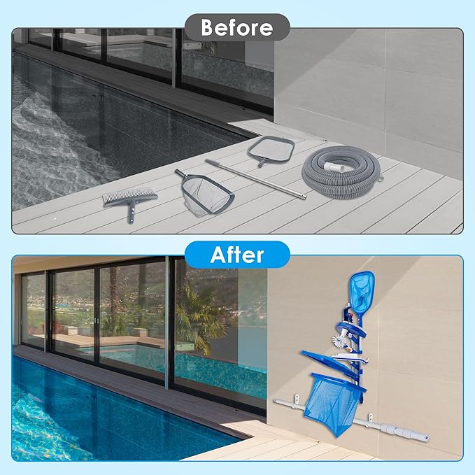 Swimming Pool Accessories Holder, Pool Cleaning Accessory Organizer and Holder Rack, Pool Tool Organizer Storage Rack for Poles, Skimmers, Leaf Rakes, Nets, Brushes, Vacuum Hose