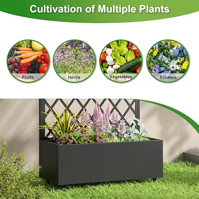Casaphoria Metal Raised Garden Bed with Trellis and Wheels, 72"x35"x16" Planter Box for Climbing Plants, Vegetables & Vines, Features Drainage Holes and Privacy Screen (Black-Rhombus)