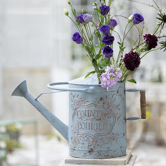 Vintage Metal Watering Can with Country Corner Floral Emboss & Wooden Handle Garden Distressed Blue Decorative Watering Pot Farmhouse Waterer for Home Garden Balcony Courtyard 2 Gallon