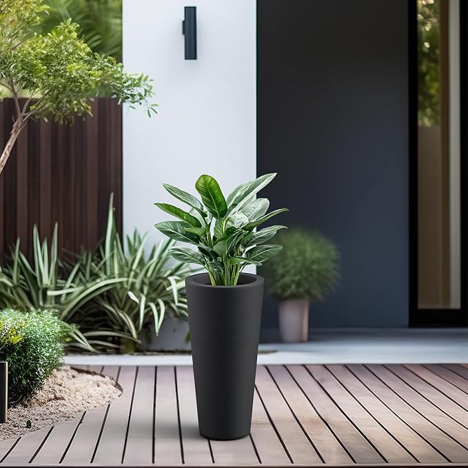 Kante Tall Concrete Planter (Set of 2), 15.8 Inch Height Large Pots for Indoor and Outdoor Plants, Black Finish with Painted Interior, Suitable for Home, Patio, Garden and Porch