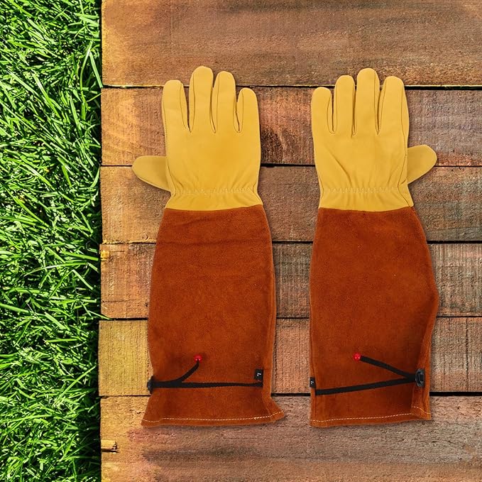 NUOBESTY Puncture Resistant Long Gardening Gloves for Thorn Protection and Rose Pruning, Gold Top-grain Sheepskin with Brown Split Cowhide Sleeves, Size L, Suitable for Yard Work