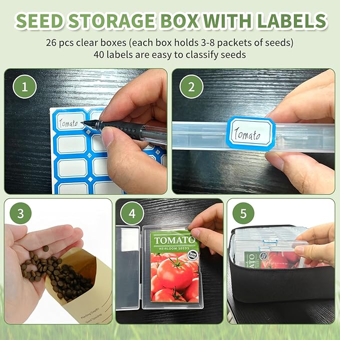 Boczif 16 Slot Seed storage Organizer Box with Insulated Bag, Envelopes Bag and Label Stickers, Garden Seed Container for Packets, Plant, Flower, Vegetable