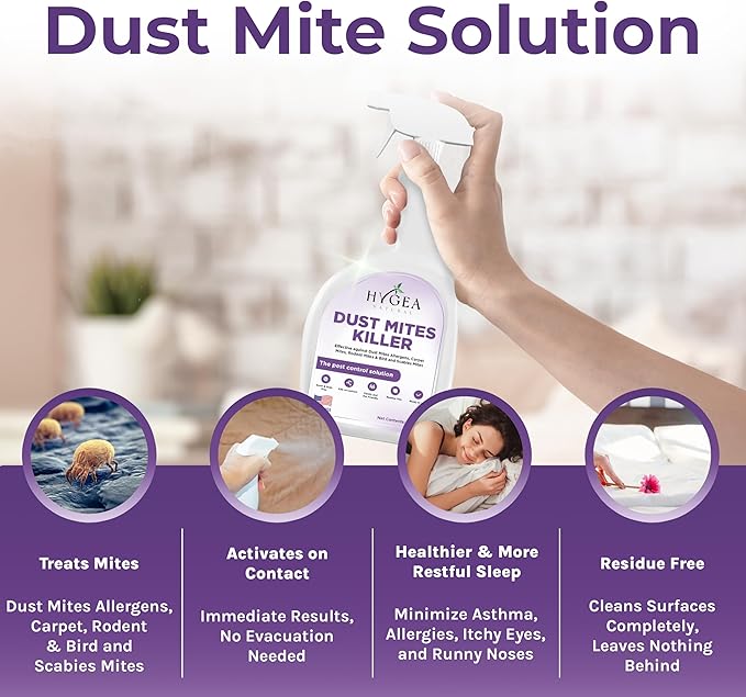 Hygea Natural Dust Mite Spray - Eliminates Dust Mites, Carpet Mites, Rodent Mites, Bird & Scabies Mites - Pet & Child Friendly - 24oz (unscented)