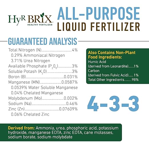 HyR BRIX All-Purpose Liquid 4-3-3 Fertilizer, 1 Gallon - Fast-Acting Plant Food with Micronutrients, Humic & Fulvic Acids - Ideal for Vegetables, Flowers, Fruits & Houseplants