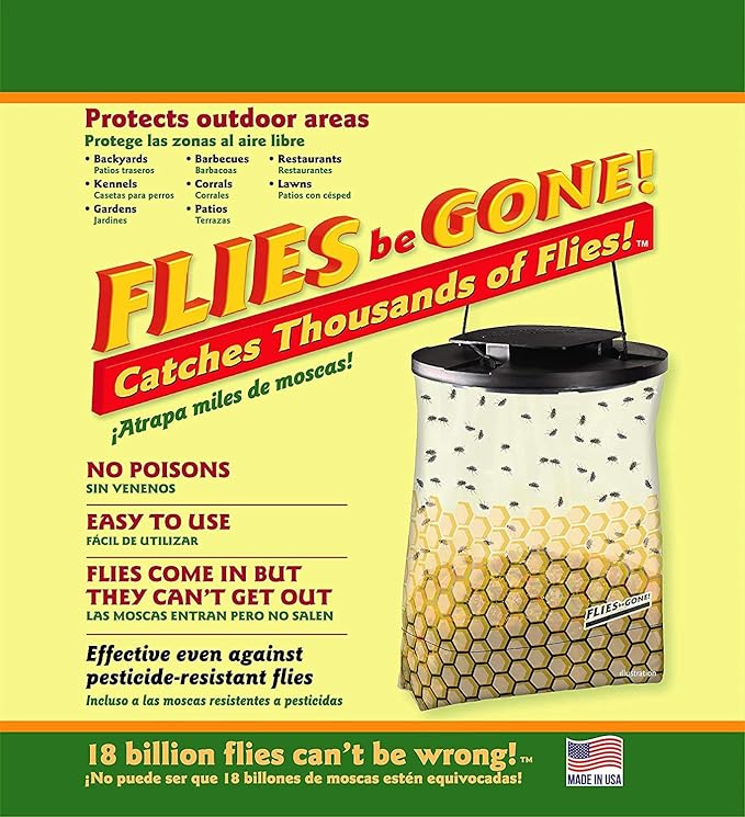 Flies Be Gone Fly Trap - Disposable Protein-Powered Attractant Fly Catcher - Made in USA - Natural Attractant Trap for Patios, Ranches. Easy to Use Outdoor Trap, Helps Manage Fly Populations Outdoors