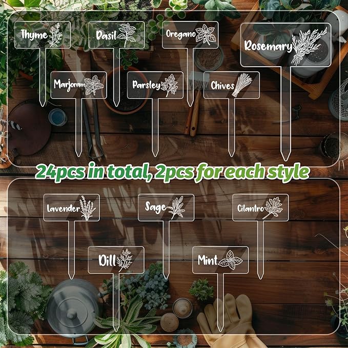 JarThenaAMCS 24Pcs Acrylic Plant Label Signs 12 Styles Garden Herb Markers Transparent Waterproof T-Type Tags Reusable Plant Stake Tags with Names for Nursery Indoor Outdoor Garden Decor