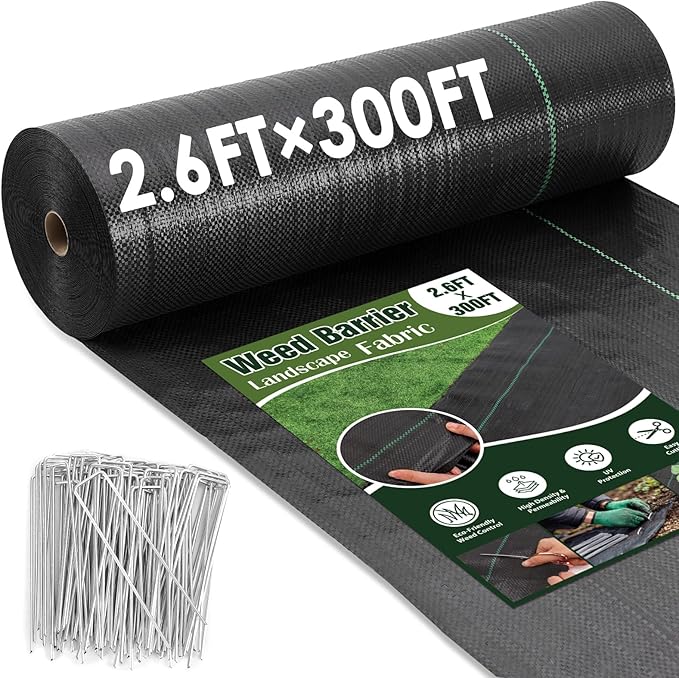 HongWay 2.6FT x 300FT Weed Barrier Fabric, Garden Cloth Woven Landscape Fabric Heavy Duty with 120 U-Shaped Securing Pegs, Lawn Weed Block Mat Ground Cover for Garden Beds, Farming
