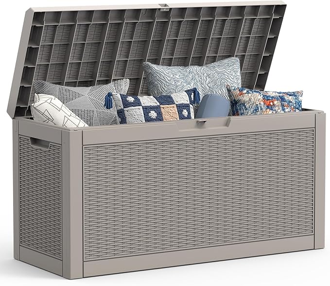 Mars Villa 60 Gallon Deck Box with Seat, Resin Outdoor Storage Box Waterproof, Lockable Lid, Weatherproof and UV Resistant, for Patio Furniture Cushions, Pool Supplies, Garden Tools, Greige