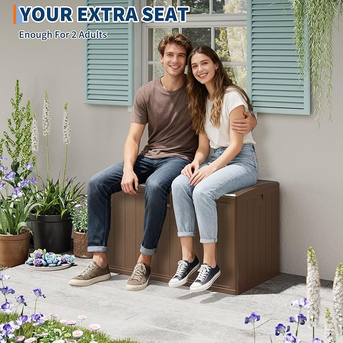 GarveeLife 130 Gallon Outdoor Storage Box, Large Resin Deck Box with Hydraulic Air Rod, Weatherproof & Lockable Outdoor Storage Bin for Patio Cushions, Garden Tools, Pool Supplies, Porch, Brown