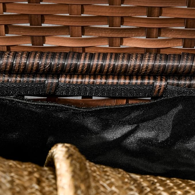 Outsunny Outdoor Deck Box and Shoe Storage, PE Rattan Wicker Towel Rack with Liner for Indoor, Outdoor, Patio Furniture Cushions, Pool, Garden Tools, Brown