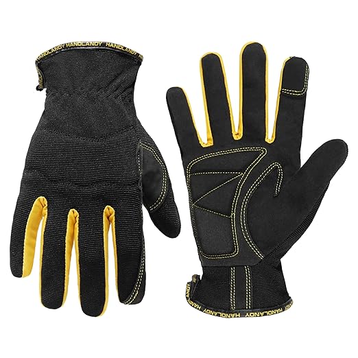 HANDLANDY Work Gloves Mens & Women, Utility Safety Mechanic Working Gloves Touch Screen, Flexible Breathable Yard Work Gloves (2X-Large, Black-Yellwo)