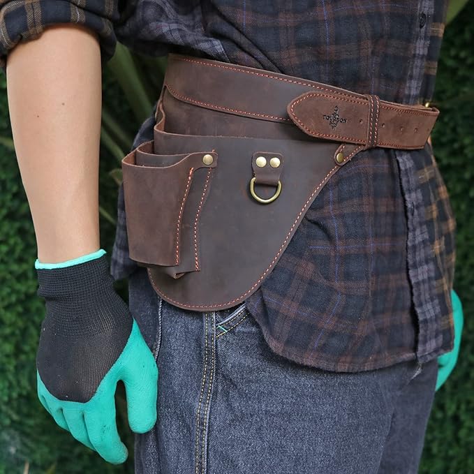 Tourbon Genuine Leather Florist Tool Belt Gardening Bag Gardener Farmer Tools Holster Waist Pouch Electrician Carpenter Organizer Kit 3 Pockets (Brown, 42 inches)