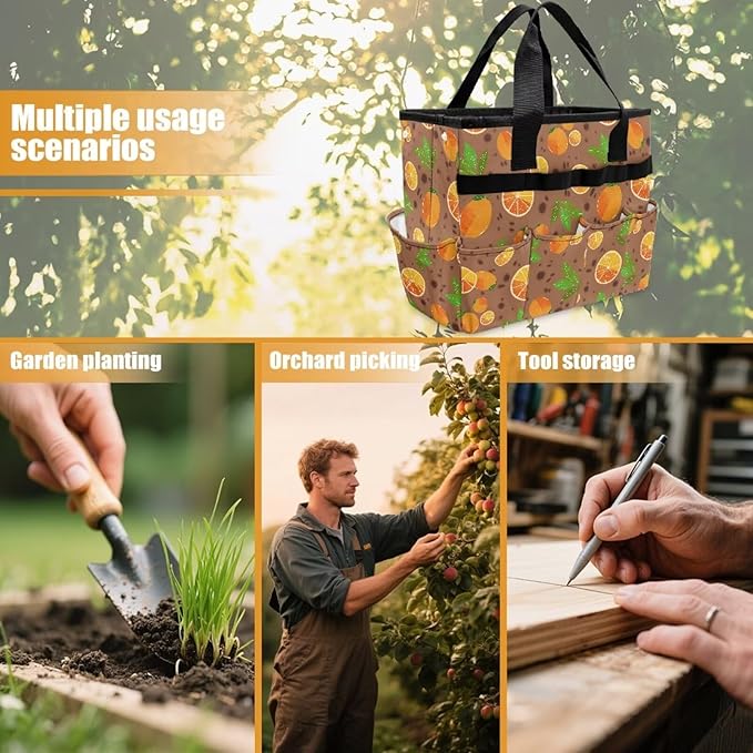 Brown Lemon Garden Tool Bag Portable Gardening Tool Organizer Bag with 10 Pockets and Handle Tool Carrier and Storage for Garden Lawn Yard Casual Camp
