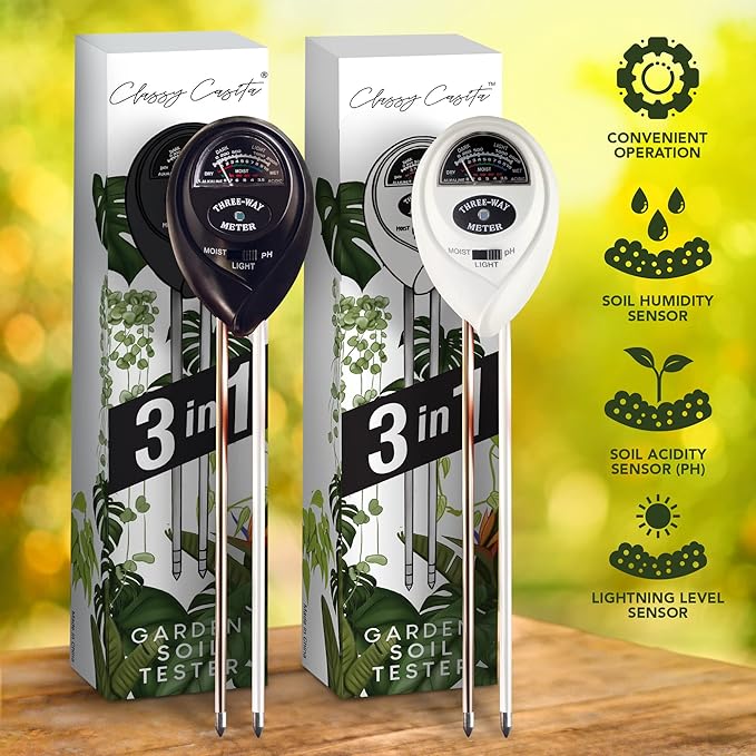 Classy Casita 3-in-1 Garden Soil Tester- Three Way Plant Soil Test Kit to Measure Soil Moisture, pH-Value, and Sunlight Soil Moisture Meter w/Plant Watering & Care eBook, White